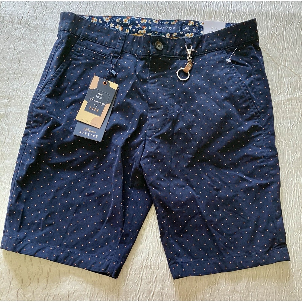 Denim & Flower Ricky Singh Mens 30 Navy Polka Dot Power Stretch Chino Shorts NWT
